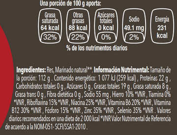 Ribeye de res Inspected nutritional facts